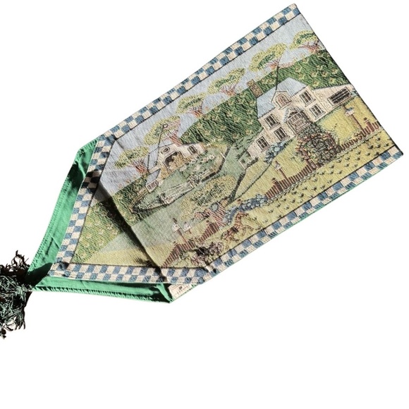 Countryside Tapestry Table Runner | Green & Blue | Green Tassels | 13" x… - Picture 2 of 12